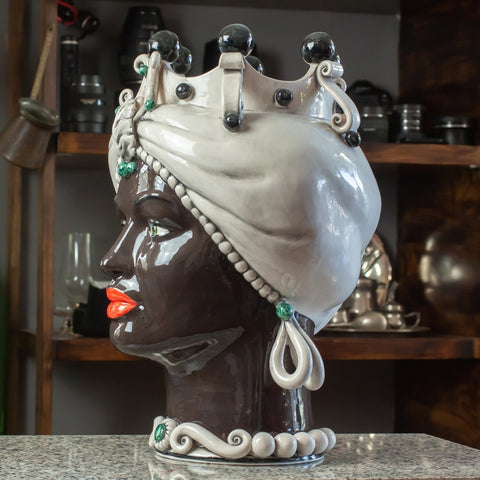 CERÁMICA SICILIANA MARRÓN OSCURO CALTAGIRONE CARA BLANCO BRILLANTE ANTIGUO CM 42