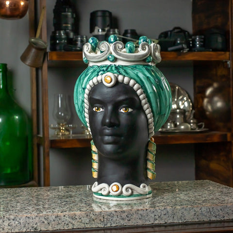 TESTA DI MORO CERAMICA SICILIANA CALTAGIRONE VERDE VOLTO NERO SATINATO CM 35