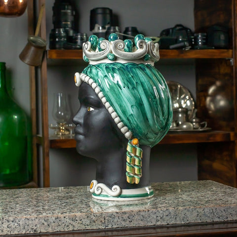TESTA DI MORO CERAMICA SICILIANA CALTAGIRONE VERDE VOLTO NERO SATINATO CM 35
