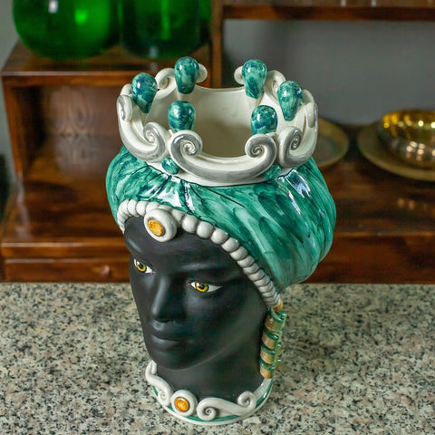 TESTA DI MORO CERAMICA SICILIANA CALTAGIRONE VERDE VOLTO NERO SATINATO CM 35
