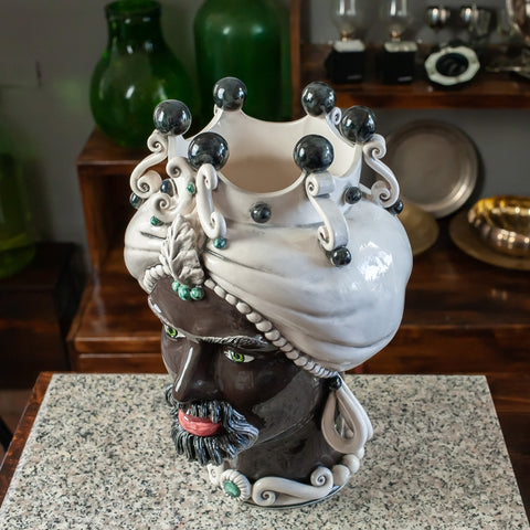 CERÁMICA SICILIANA MARRÓN OSCURO CALTAGIRONE CARA BLANCO BRILLANTE ANTIGUO CM 42