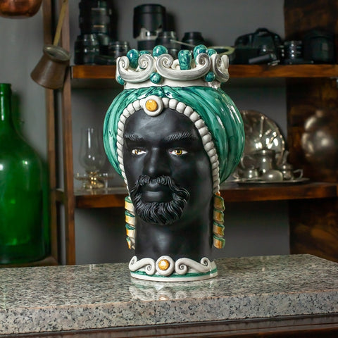 TESTA DI MORO CERAMICA SICILIANA CALTAGIRONE VERDE VOLTO NERO SATINATO CM 35