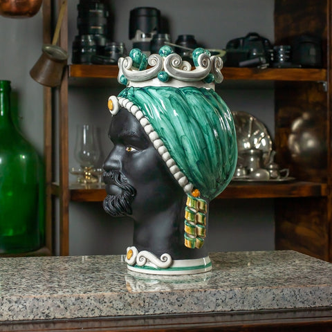 TESTA DI MORO CERAMICA SICILIANA CALTAGIRONE VERDE VOLTO NERO SATINATO CM 35