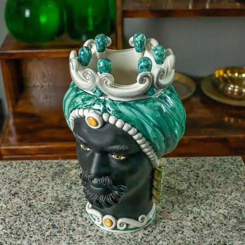 TESTA DI MORO CERAMICA SICILIANA CALTAGIRONE VERDE VOLTO NERO SATINATO CM 35