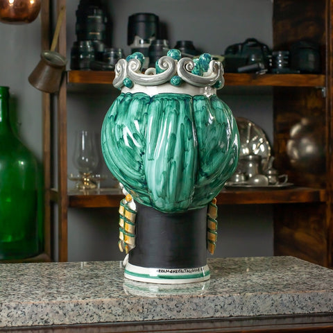 TESTA DI MORO CERAMICA SICILIANA CALTAGIRONE VERDE VOLTO NERO SATINATO CM 35