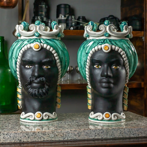 TESTA DI MORO CERAMICA SICILIANA CALTAGIRONE VERDE VOLTO NERO SATINATO CM 35