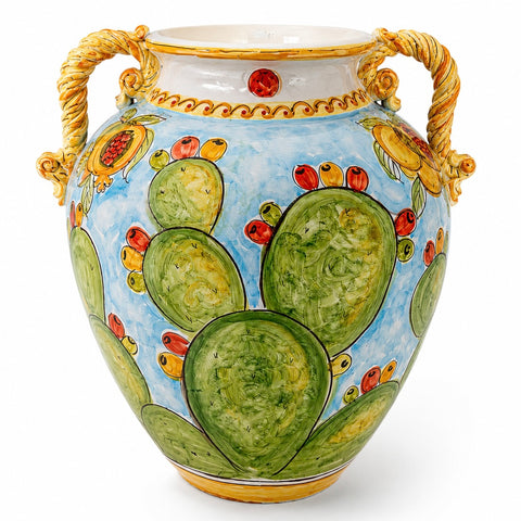 Giara Siciliana con Manici Intrecciati e Decoro Fichi d'India – H 60 x L 52 cm