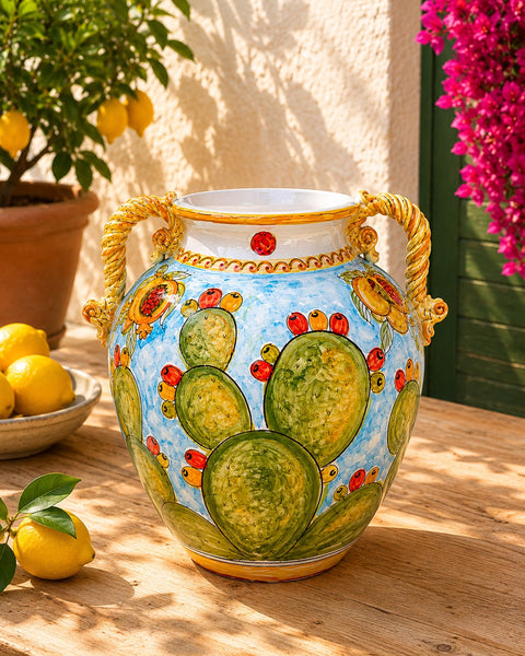 Giara Siciliana con Manici Intrecciati e Decoro Fichi d'India – H 60 x L 52 cm