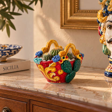Borsetta Decorativa in Ceramica di Caltagirone con Fichi d’India – L. 15 x H. 10 cm