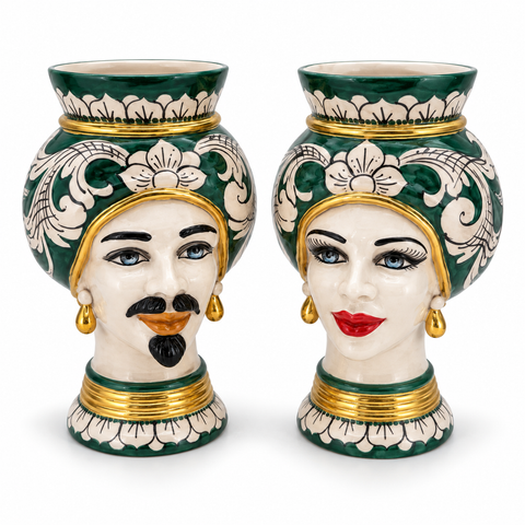 Coppia Teste di Moro in Ceramica Verde e Oro – H 28 cm