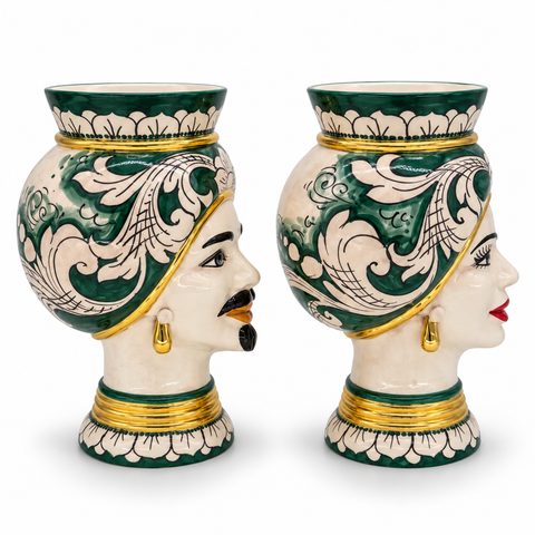 Coppia Teste di Moro in Ceramica Verde e Oro – H 28 cm