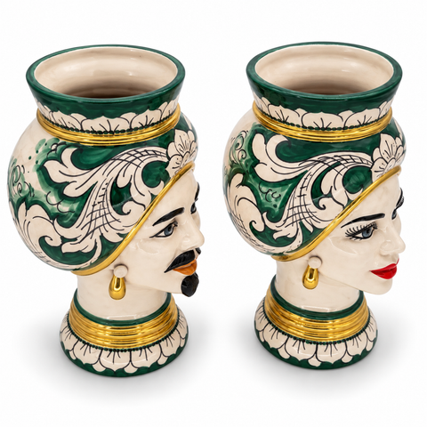 Coppia Teste di Moro in Ceramica Verde e Oro – H 28 cm