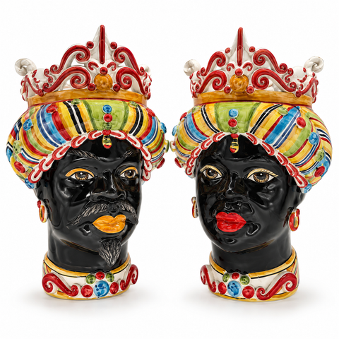 Coppia Teste di Moro Verus in Ceramica di Caltagirone Multicolor – H.45 x L.27 cm