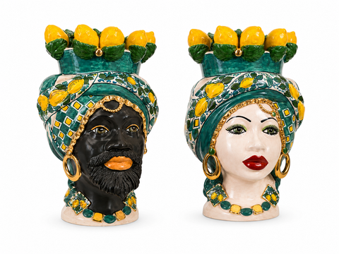 TÊTE BRUN EN CÉRAMIQUE SICILIENNE CITRONS CALTAGIRONE H. 48 CM