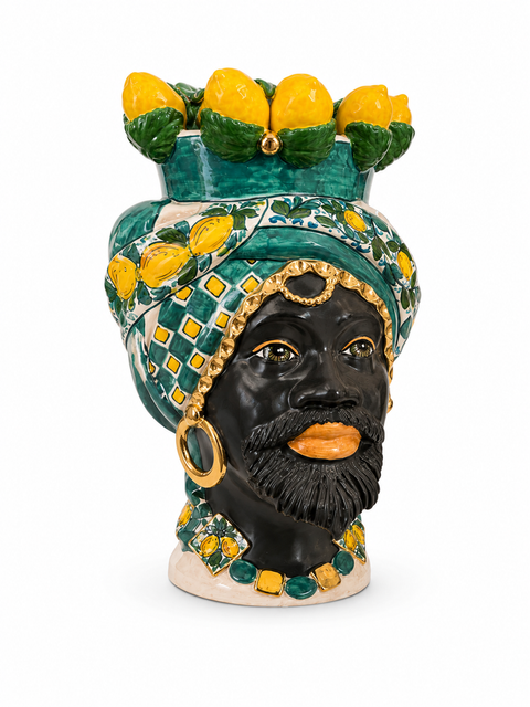 TÊTE BRUN EN CÉRAMIQUE SICILIENNE CITRONS CALTAGIRONE H. 48 CM