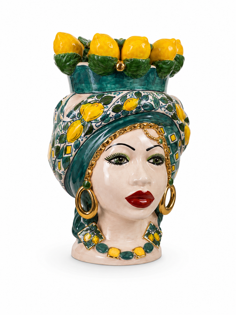 TÊTE BRUN EN CÉRAMIQUE SICILIENNE CITRONS CALTAGIRONE H. 48 CM