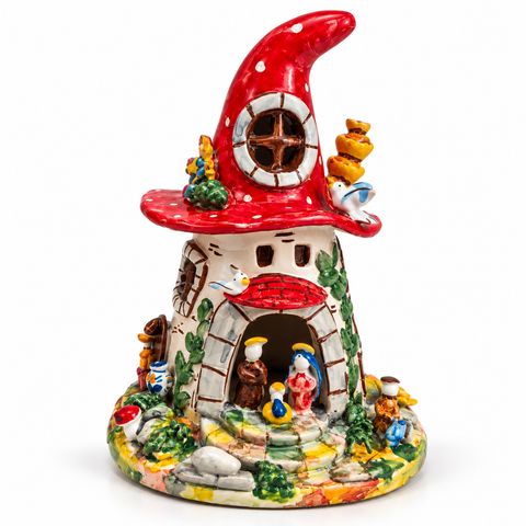 Casetta Presepe in Ceramica Artigianale con Cappello Rosso – H. 26 x L. 18 cm