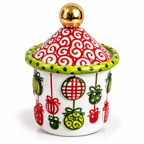 Barattolo Natalizio in Ceramica con Coperchio Decorato – H. 17 x L. 12 cm