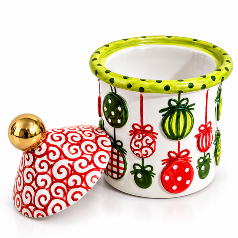 Barattolo Natalizio in Ceramica con Coperchio Decorato – H. 17 x L. 12 cm