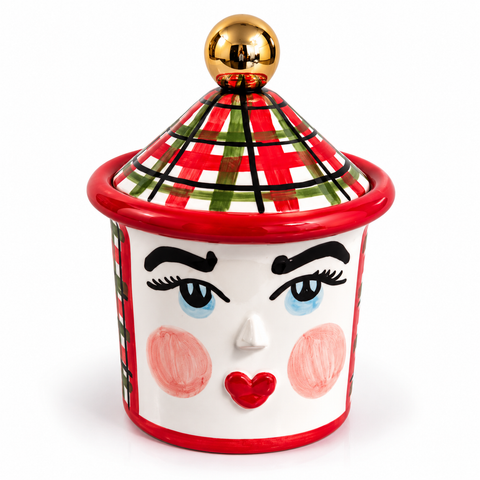 Barattolo Natalizio in Ceramica con Volto e Decoro Tartan – H 17 × L 12 cm