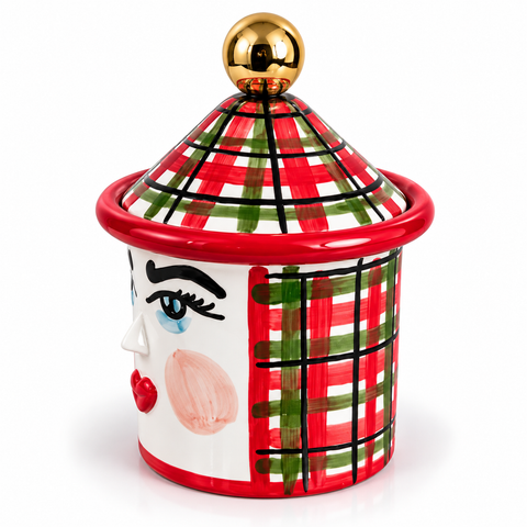 Barattolo Natalizio in Ceramica con Volto e Decoro Tartan – H 17 × L 12 cm