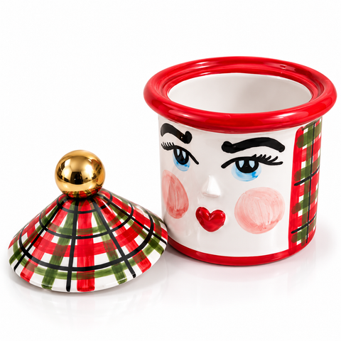 Barattolo Natalizio in Ceramica con Volto e Decoro Tartan – H 17 × L 12 cm