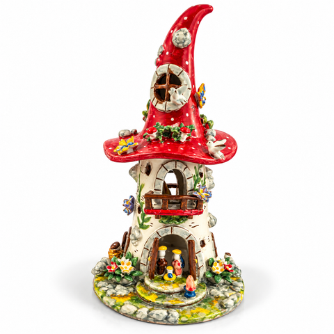Casetta Presepe in Ceramica a Forma di Fungo Rosso – H 40 × L 21 cm