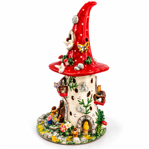 Casetta Presepe in Ceramica a Forma di Fungo Rosso – H 40 × L 21 cm