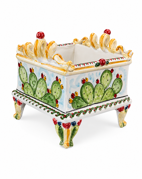 Fioriera Siciliana Decorata Fichi d'India su Piedini – Ceramica Artigianale H. 24 x L. 24 cm