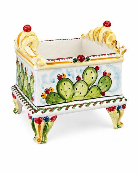 Fioriera Siciliana Decorata Fichi d'India su Piedini – Ceramica Artigianale H. 24 x L. 24 cm