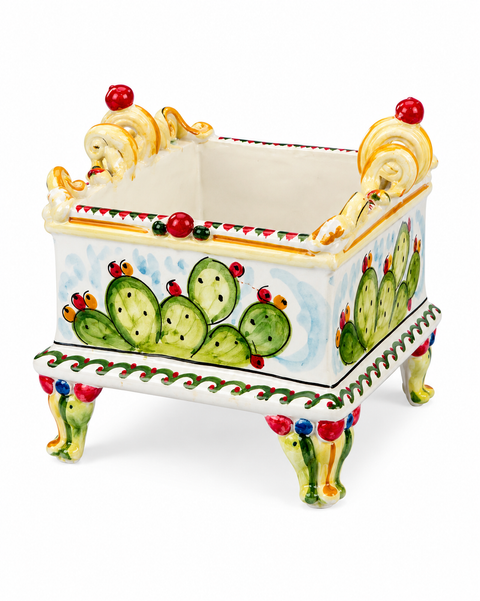 Fioriera Siciliana Decorata Fichi d'India su Piedini – Ceramica Artigianale H. 24 x L. 24 cm