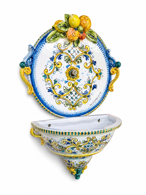 Fontana Murale Ceramiche Caltagirone Frutta Giallo Antico h. cm 80