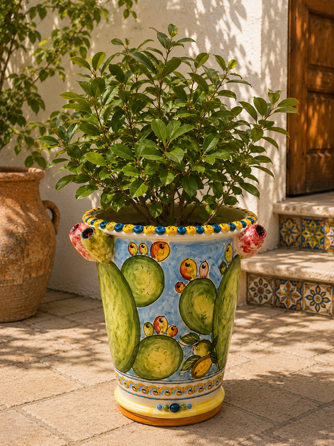 Vaso in Ceramica di Caltagirone Decorato Fichi d'India H. 38 cm