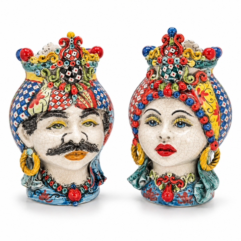 Coppia Teste di Moro in Ceramica Decorata – H 37 cm