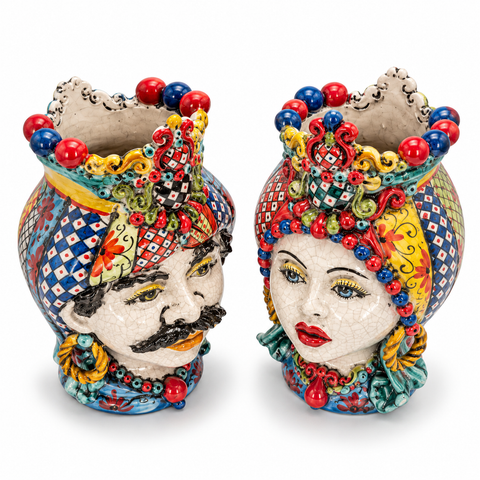Coppia Teste di Moro in Ceramica Decorata – H 37 cm