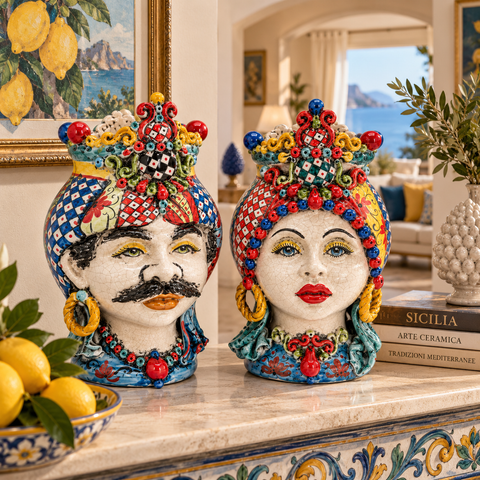 Coppia Teste di Moro in Ceramica Decorata – H 37 cm