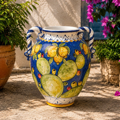 Giara Siciliana Blu con Limoni e Fichi d’India – H 72 x L 65 cm