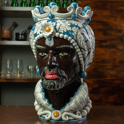 TESTA DI MORO CERAMICA SICILIANA CALTAGIRONE BLU FLOREALE 50 CM