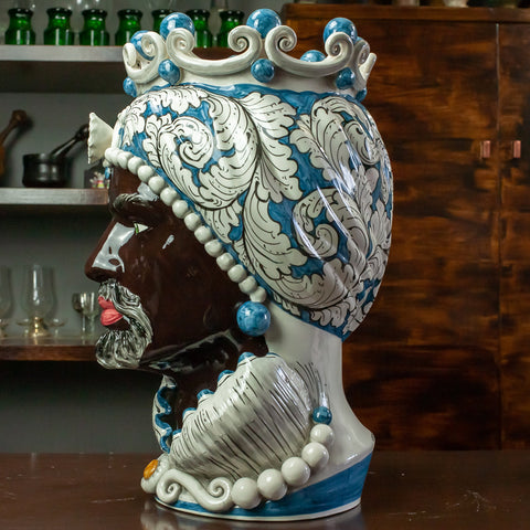 TESTA DI MORO CERAMICA SICILIANA CALTAGIRONE BLU FLOREALE 50 CM