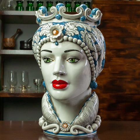 TESTA DI MORO CERAMICA SICILIANA CALTAGIRONE BLU FLOREALE 50 CM