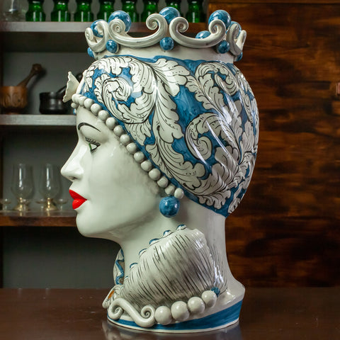 TESTA DI MORO CERAMICA SICILIANA CALTAGIRONE BLU FLOREALE 50 CM