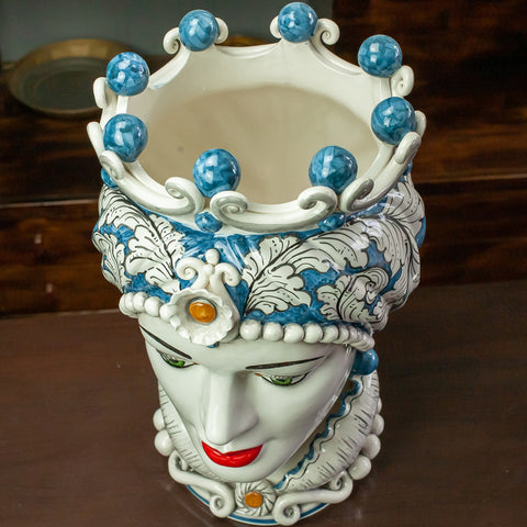 TESTA DI MORO CERAMICA SICILIANA CALTAGIRONE BLU FLOREALE 50 CM