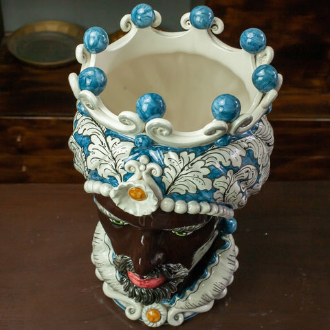 TESTA DI MORO CERAMICA SICILIANA CALTAGIRONE BLU FLOREALE 50 CM