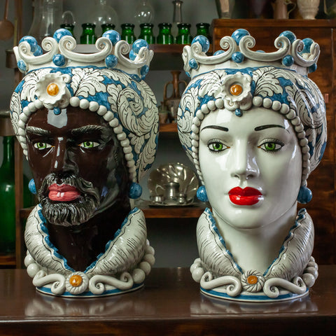 TESTA DI MORO CERAMICA SICILIANA CALTAGIRONE BLU FLOREALE 50 CM