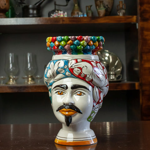 BROWN HEADS IN SICILIAN CERAMIC FROM CALTAGIRONE CROWN PIGNA MULTICOLOR H.22 CM