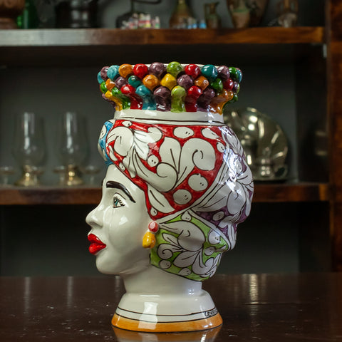 BROWN HEADS IN SICILIAN CERAMIC FROM CALTAGIRONE CROWN PIGNA MULTICOLOR H.22 CM