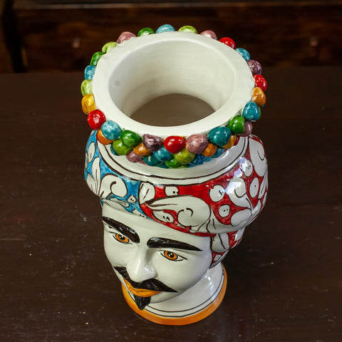 TESTE DI MORO IN CERAMICA SICILIANA DI CALTAGIRONE CORONA PIGNA MULTICOLOR H.22 CM