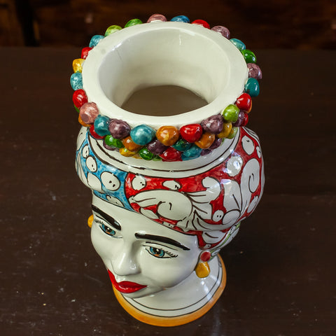 TESTE DI MORO IN CERAMICA SICILIANA DI CALTAGIRONE CORONA PIGNA MULTICOLOR H.22 CM