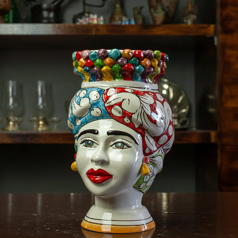 BROWN HEADS IN SICILIAN CERAMIC FROM CALTAGIRONE CROWN PIGNA MULTICOLOR H.22 CM