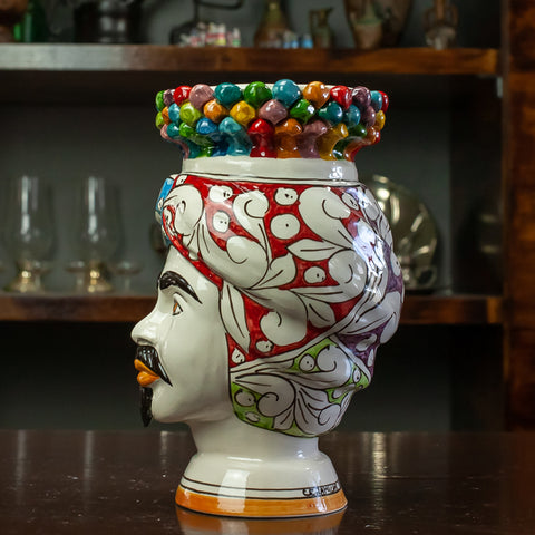 BROWN HEADS IN SICILIAN CERAMIC FROM CALTAGIRONE CROWN PIGNA MULTICOLOR H.22 CM